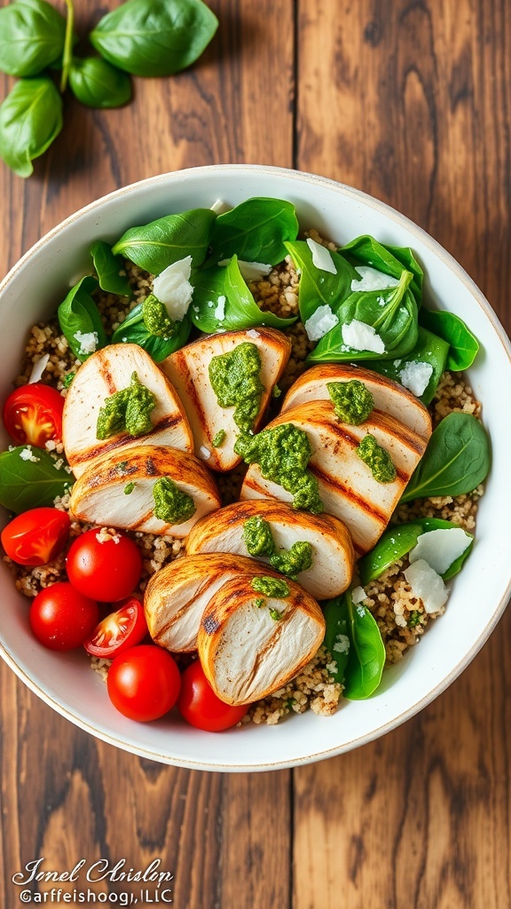 A colorful quinoa bowl with grilled chicken, spinach, tomatoes, and pesto on a wooden table.